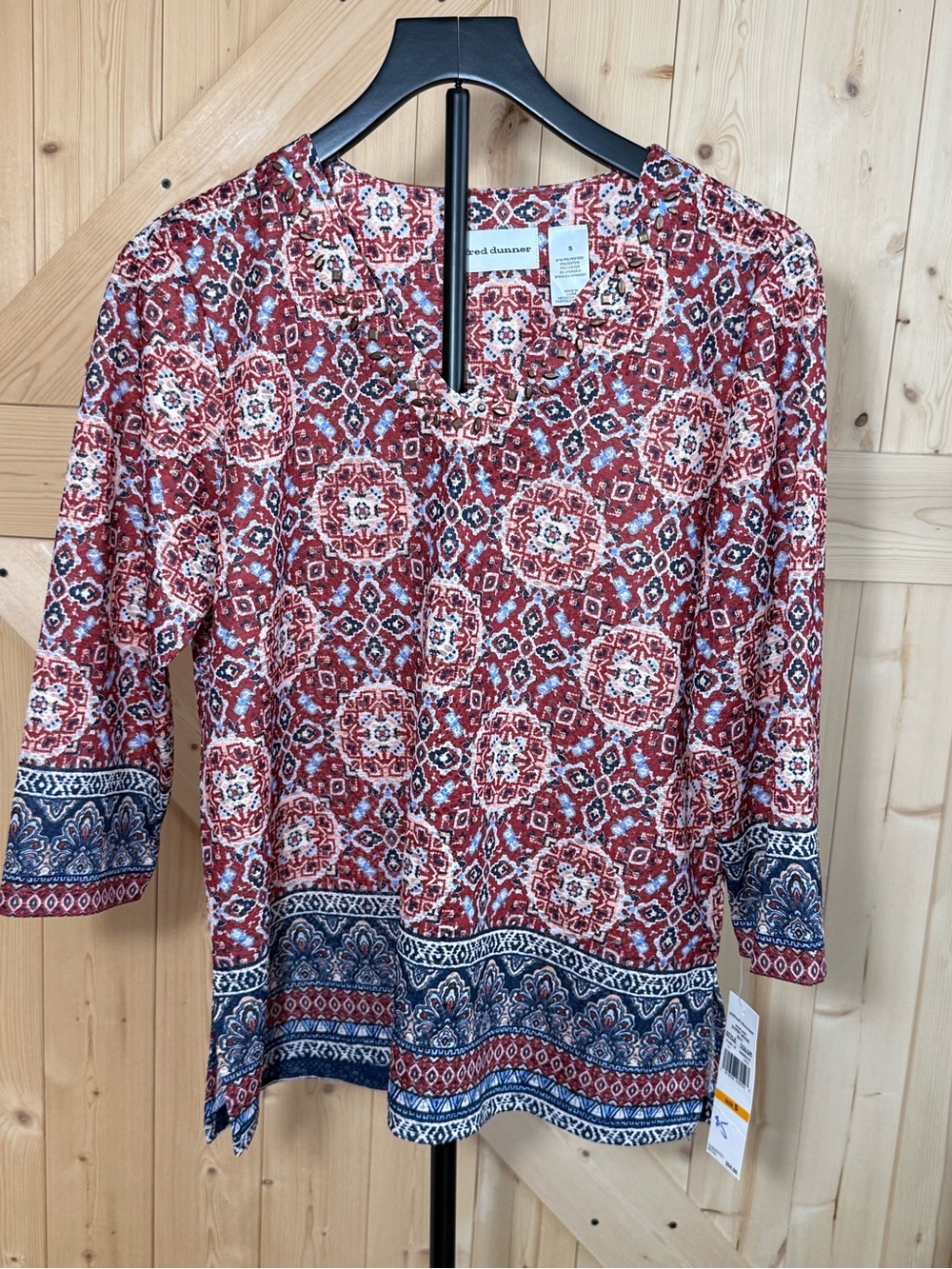Alfred Dunner Red Printed V-Neck Tunic with Blue Border